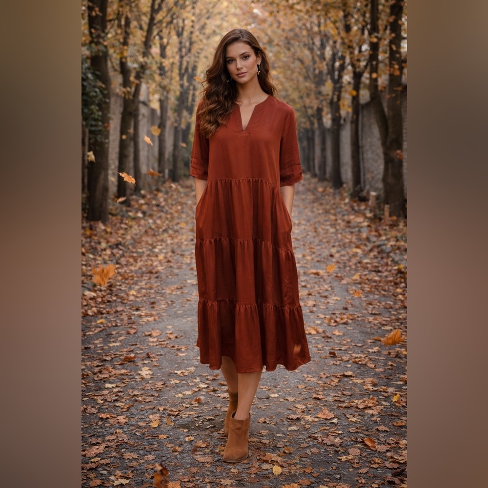 Lafayette 148 New York Selma Chili Red Tiered V-Neck Modest Fall Dress Size XS